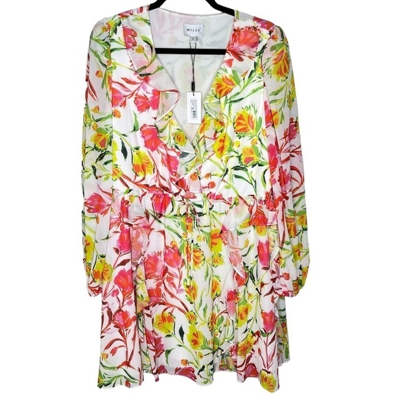 NWT Mini Dress Milly Nora Neon Botanical Ruffle Multi Color White Size 8 - Picture 16 of 16